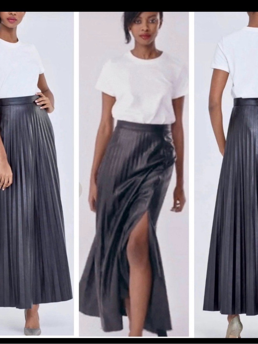 New York & Company Black Pleated Faux-Leather Maxi Skirt with Side Slit